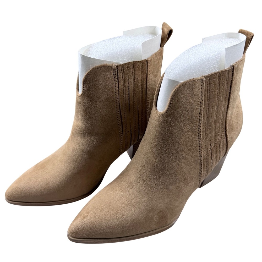 Womens Tan Faux Suede Pointed Toe Ankle Boots Block Heel V-Cut Booties Size 5